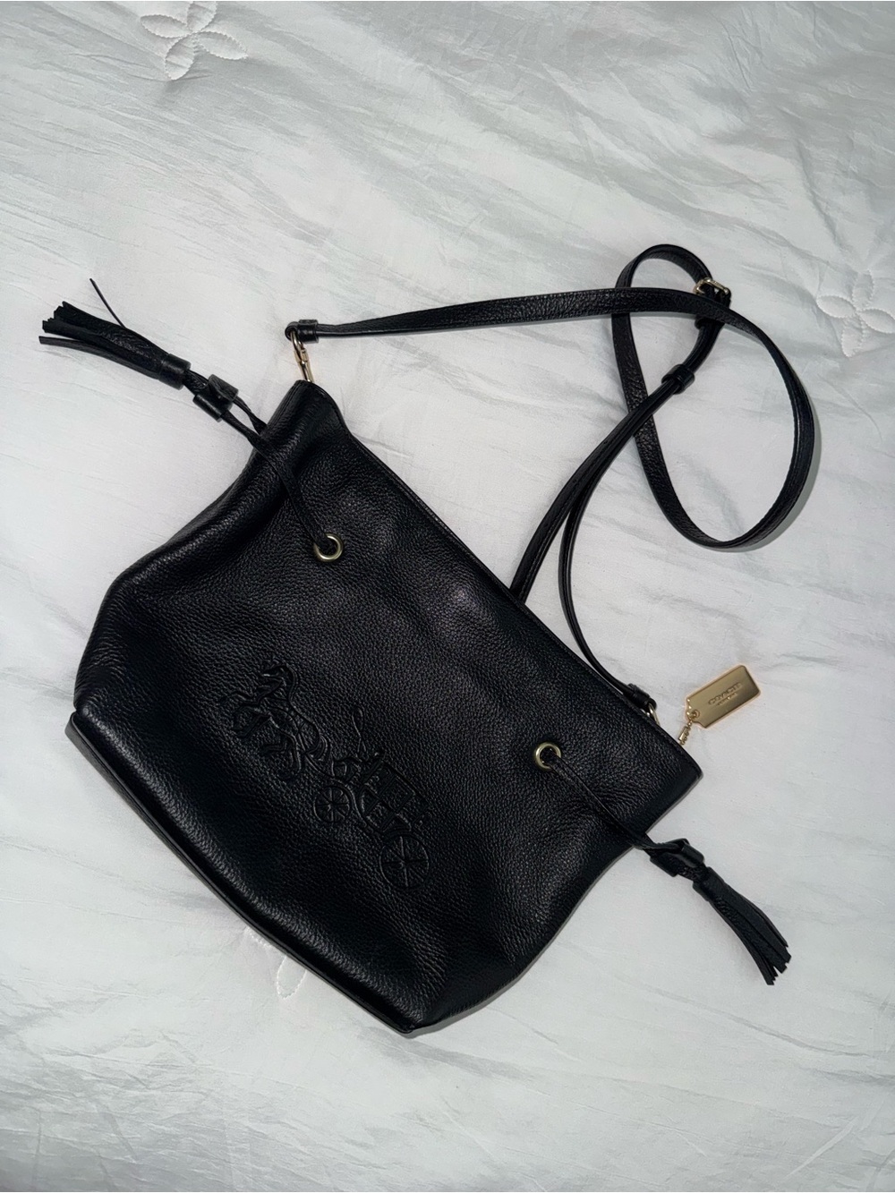 Coach Black Pebbled Leather Drawstring Crossbody with Tassels